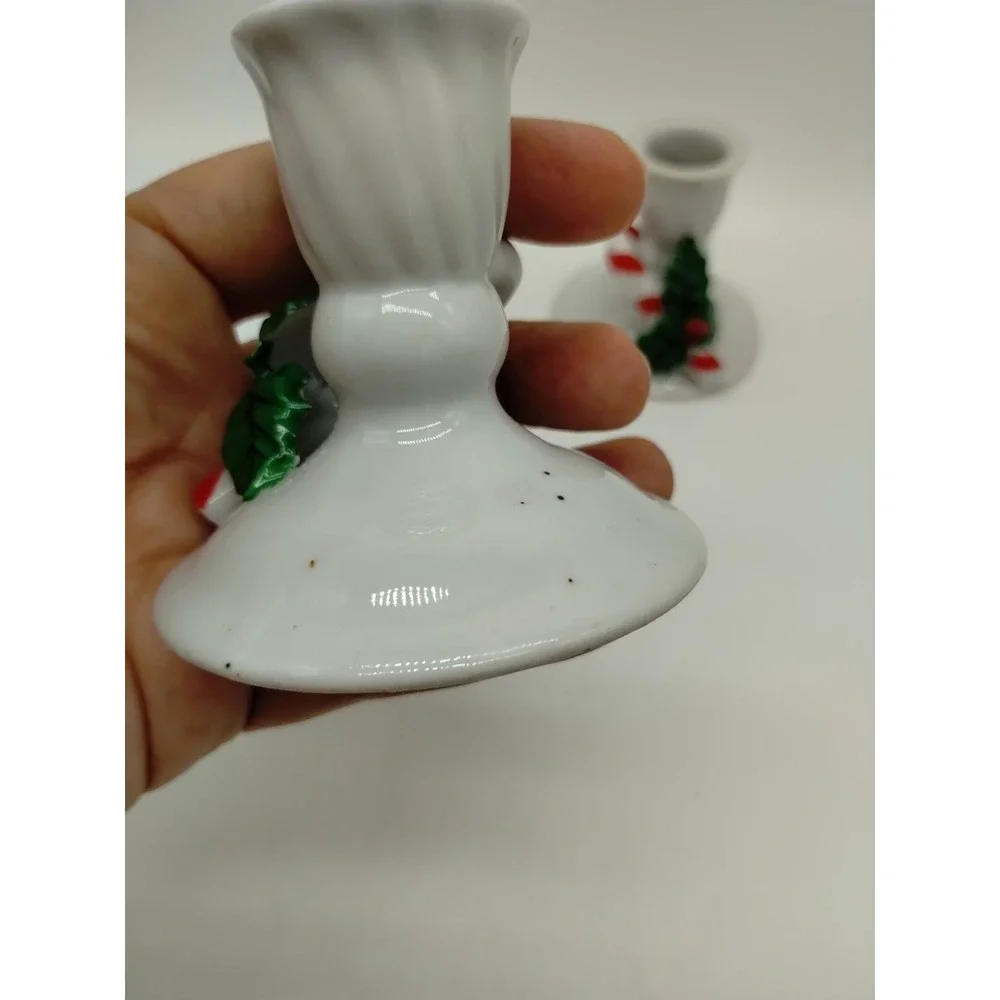 Set Of 2 Christmas Candlesticks Candy Cane Mistletoe White 2.5